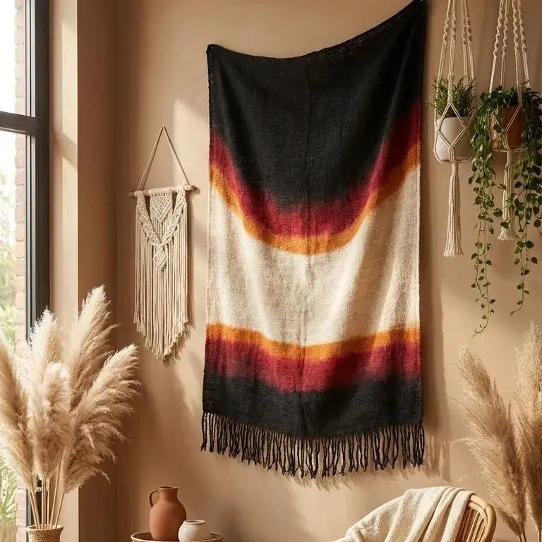 Décoration murale bohème avec tapis coloré, macramé, plantes suspendues et vase en argile