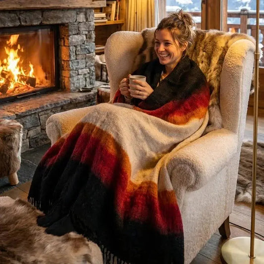 Femme souriante dans fauteuil cocooning avec plaid coloré près d'une cheminée allumée en chalet