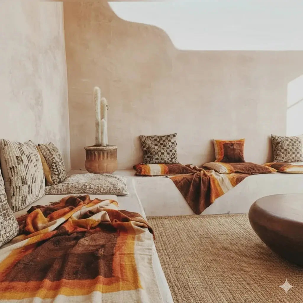 Salon bohème avec banquette en béton, coussins à motifs, plaids orange et pot en terre cuite