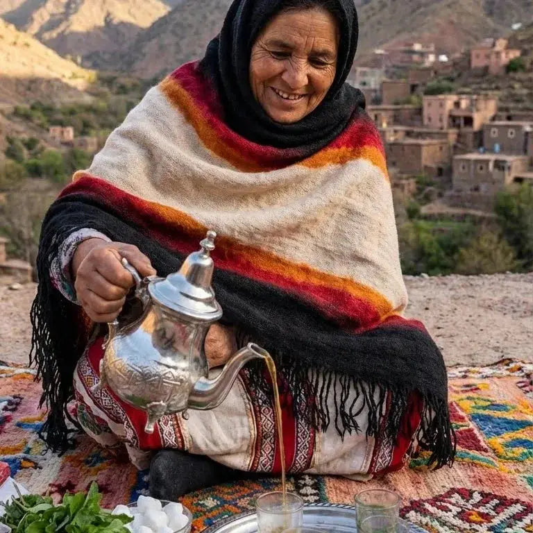 Femme berbère souriante en châle coloré versant du thé traditionnel en plein air dans un village en montagne