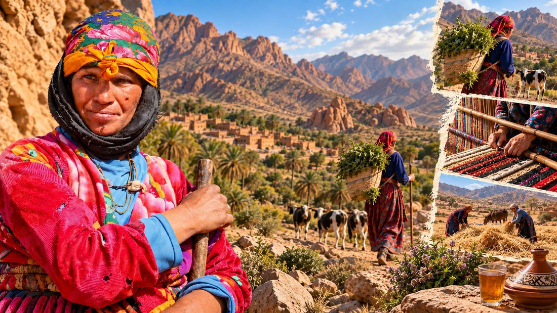 Femme amazighe du Souss dans les montagnes de l’Anti-Atlas, entre élevage, agriculture, tissage traditionnel et artisanat amazigh.