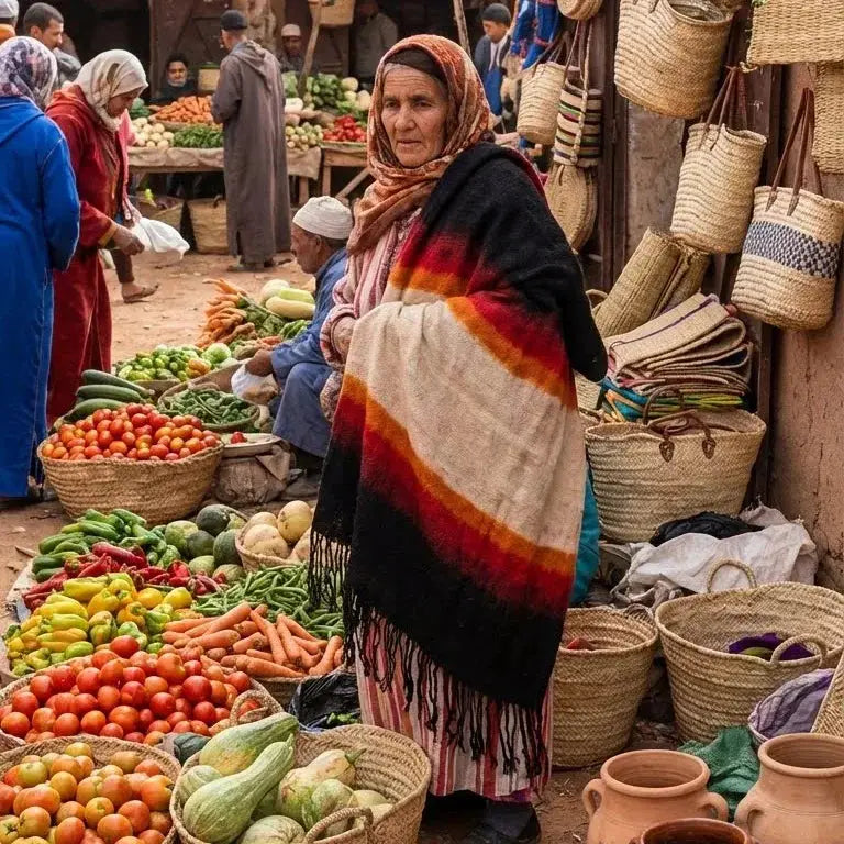 Femme en marché traditionnel marocain vendant légumes frais avec paniers en osier et poteries