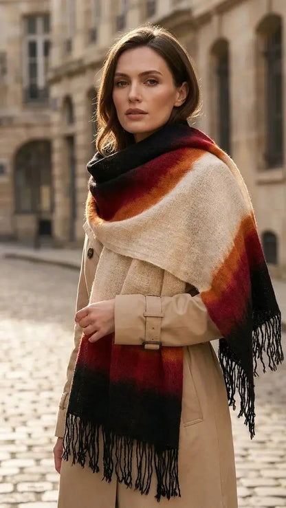 Femme portant une écharpe chaude rayée rouge, orange, beige et noire en ville sur fond de bâtiments anciens