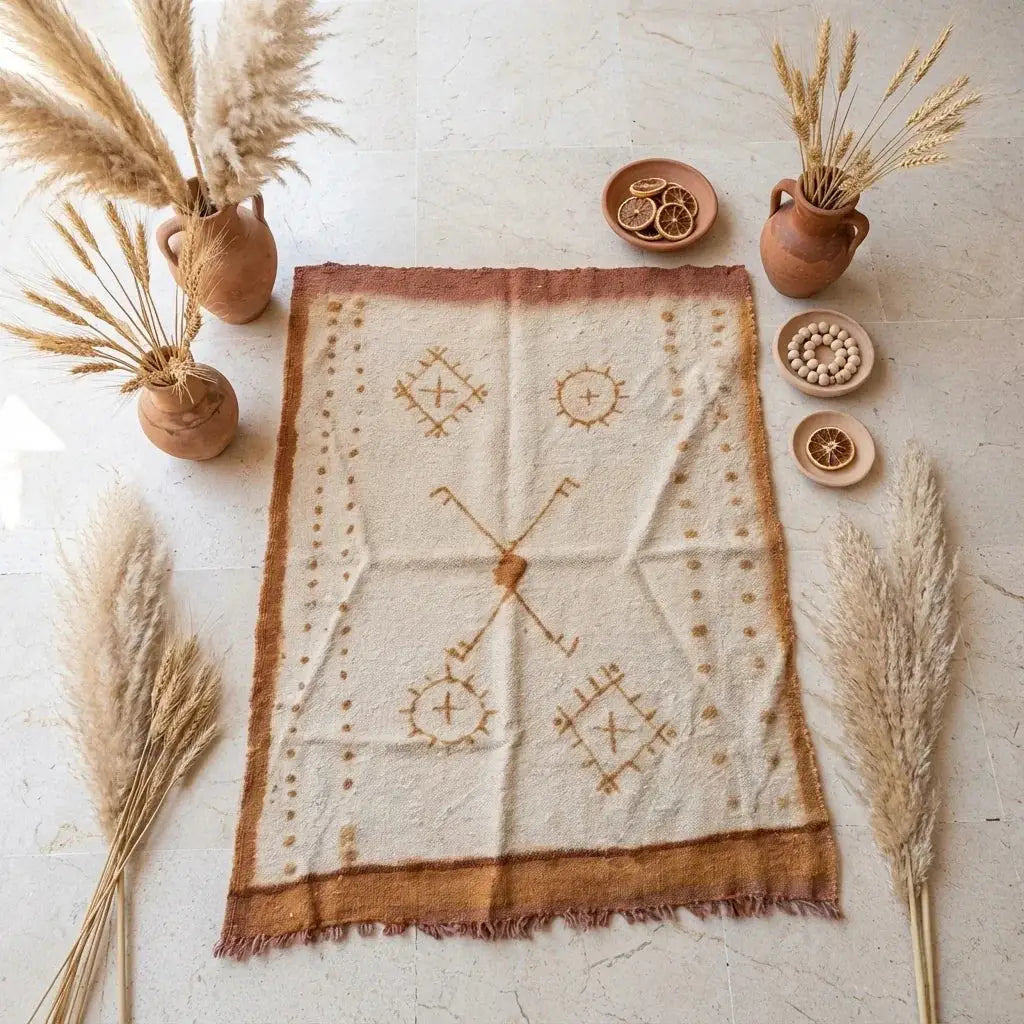 Boho style beige and rust handwoven rug with geometric patterns surrounded by dried pampas grass and terracotta vases on a stone floor