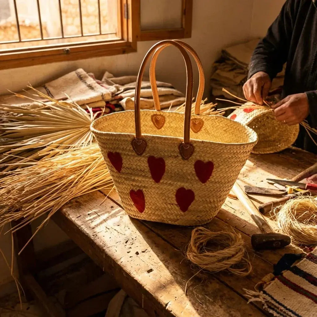 Handwoven straw basket with red heart designs and leather handles on a wooden crafting table