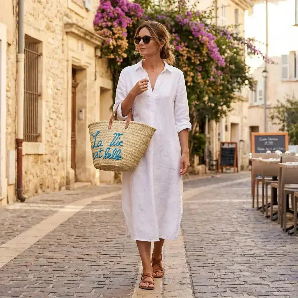 Woman in white linen dress walking on cobblestone street with straw tote bag and sunglasses