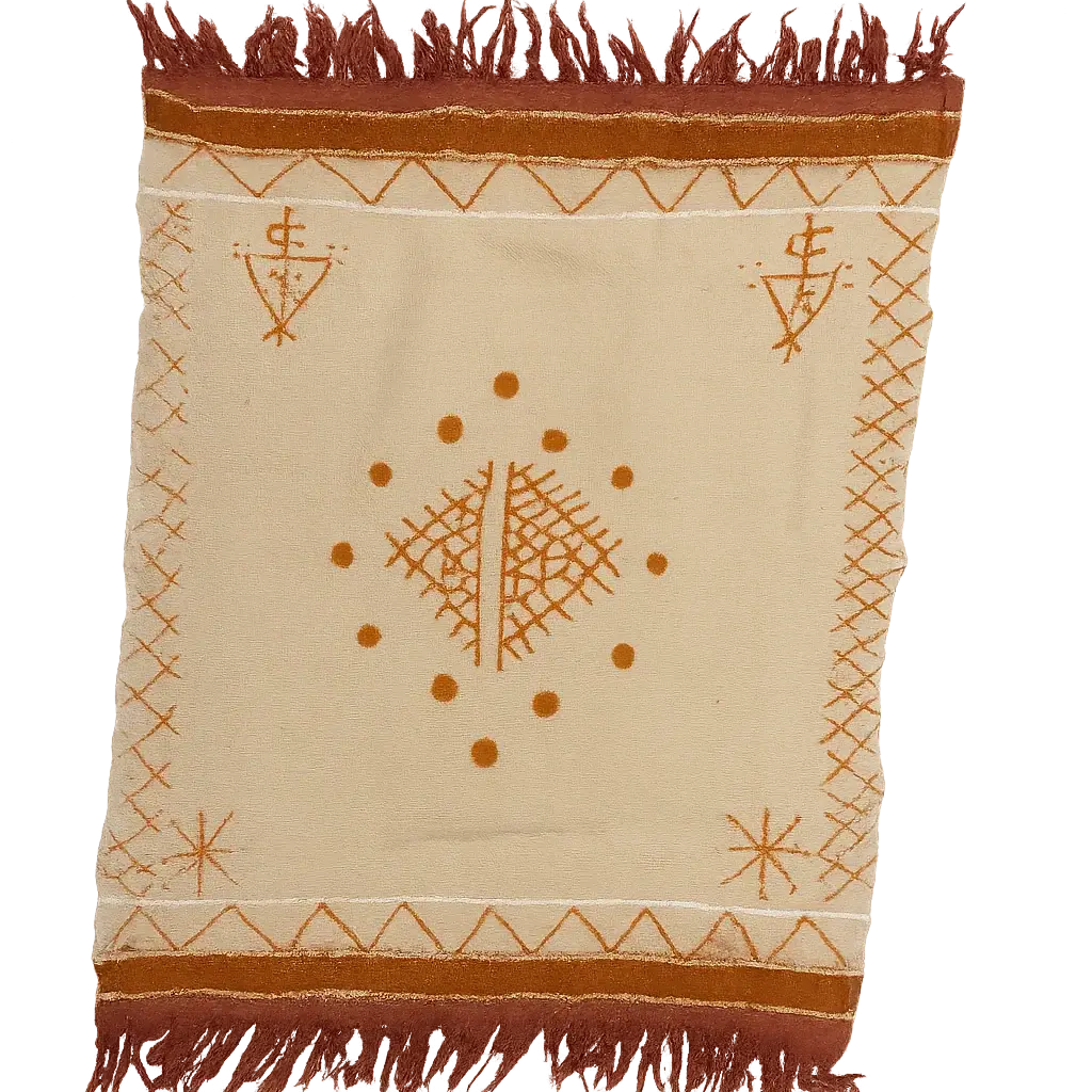 Beige Berber rug with rust-brown geometric patterns, central diamond, dots, and fringed edges