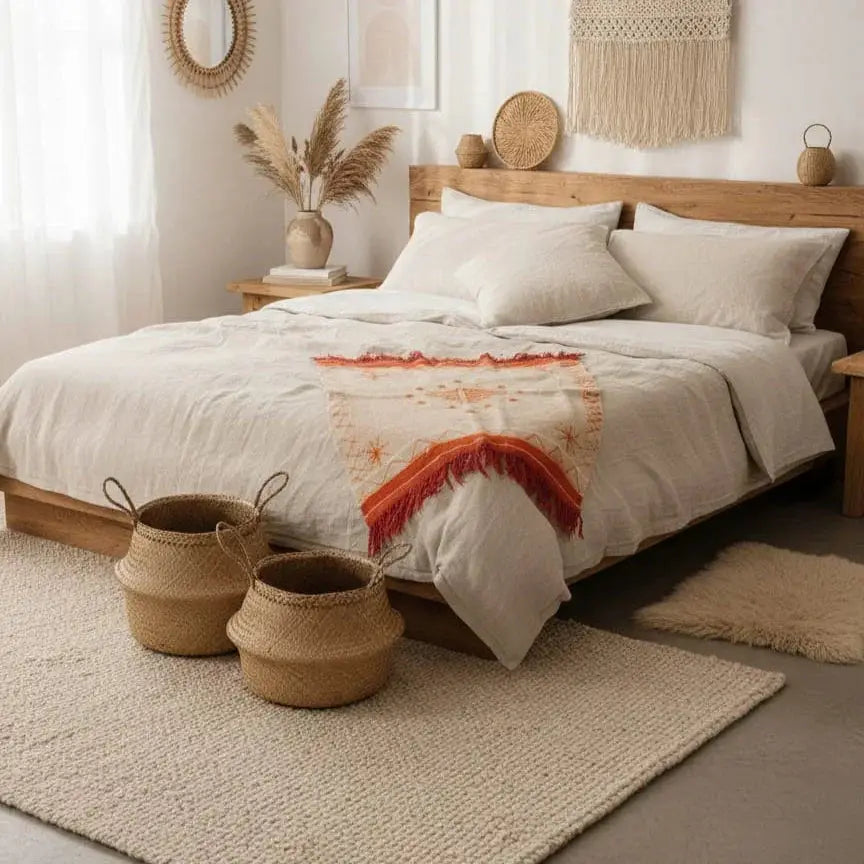 Minimalist bedroom with wooden bed, beige bedding, woven baskets, pampas grass, and macrame wall art