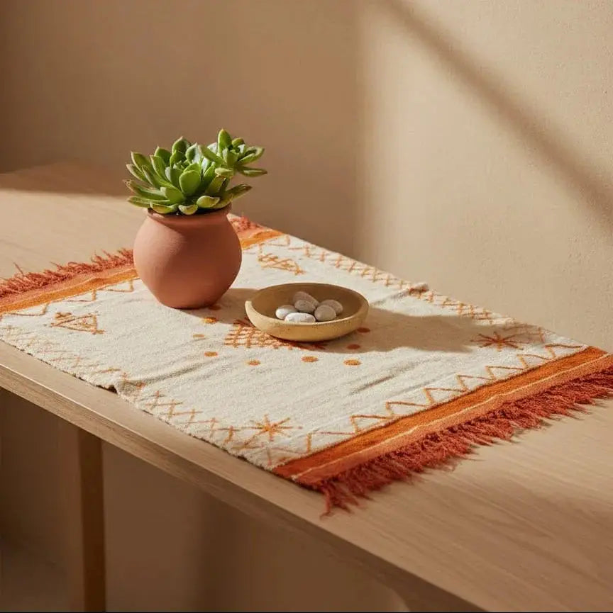Succulent plant in terracotta pot and dish with stones on beige and orange fringed table runner