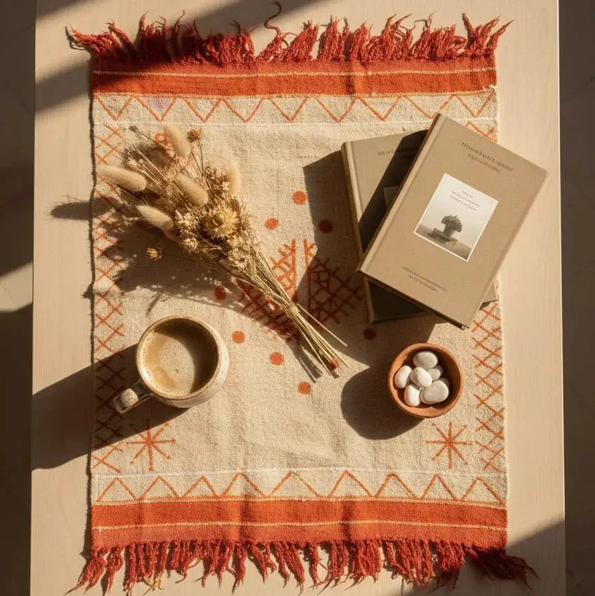 Cozy flat lay with beige and orange fringed tablecloth, dried flowers, coffee cup, books, and small bowl of white stones