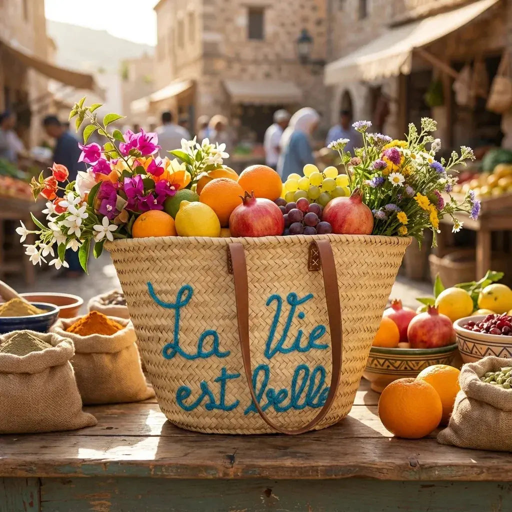 Woven market basket with French text filled with fresh fruits and colorful flowers on wooden table at outdoor market