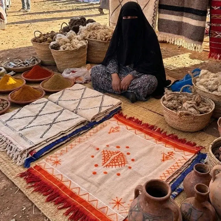 Woman in black niqab sitting at market with traditional woven rugs, dyed wool, and clay pots