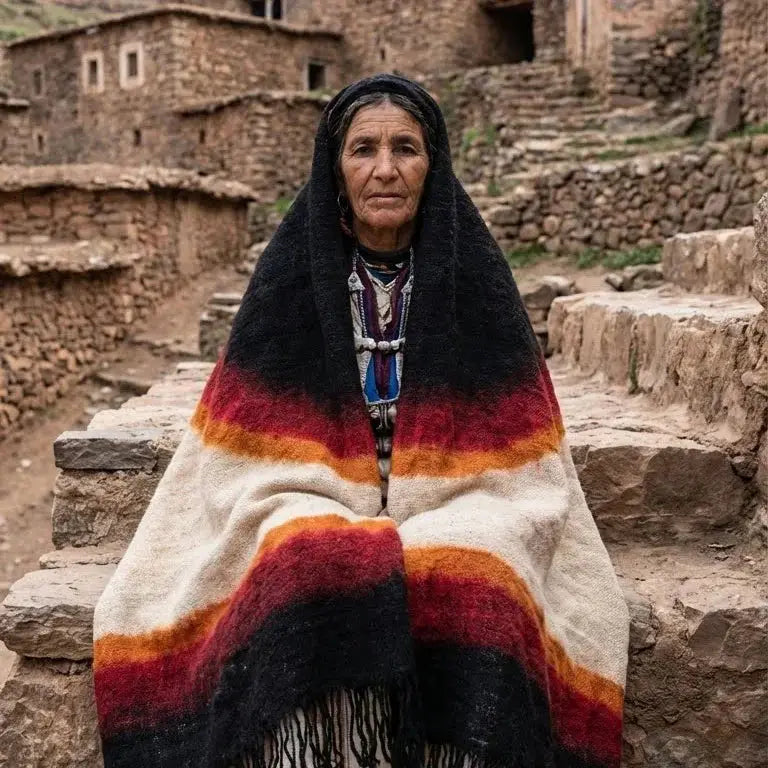 Femme berbère âgée en tenue traditionnelle avec châle coloré, assise dans un village en pierre