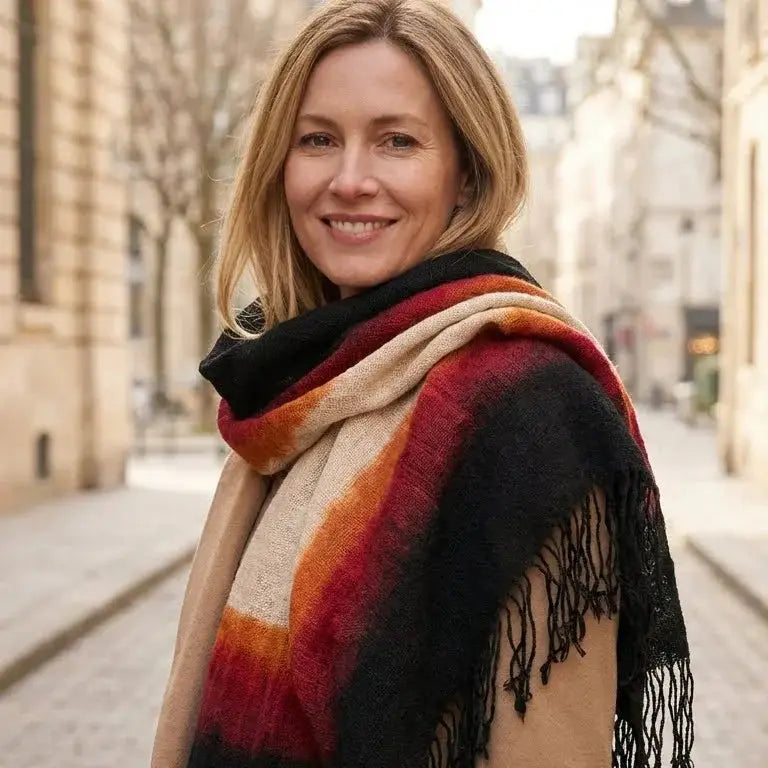 Femme souriante en écharpe colorée orange, rouge, noir et beige dans rue pavée urbaine