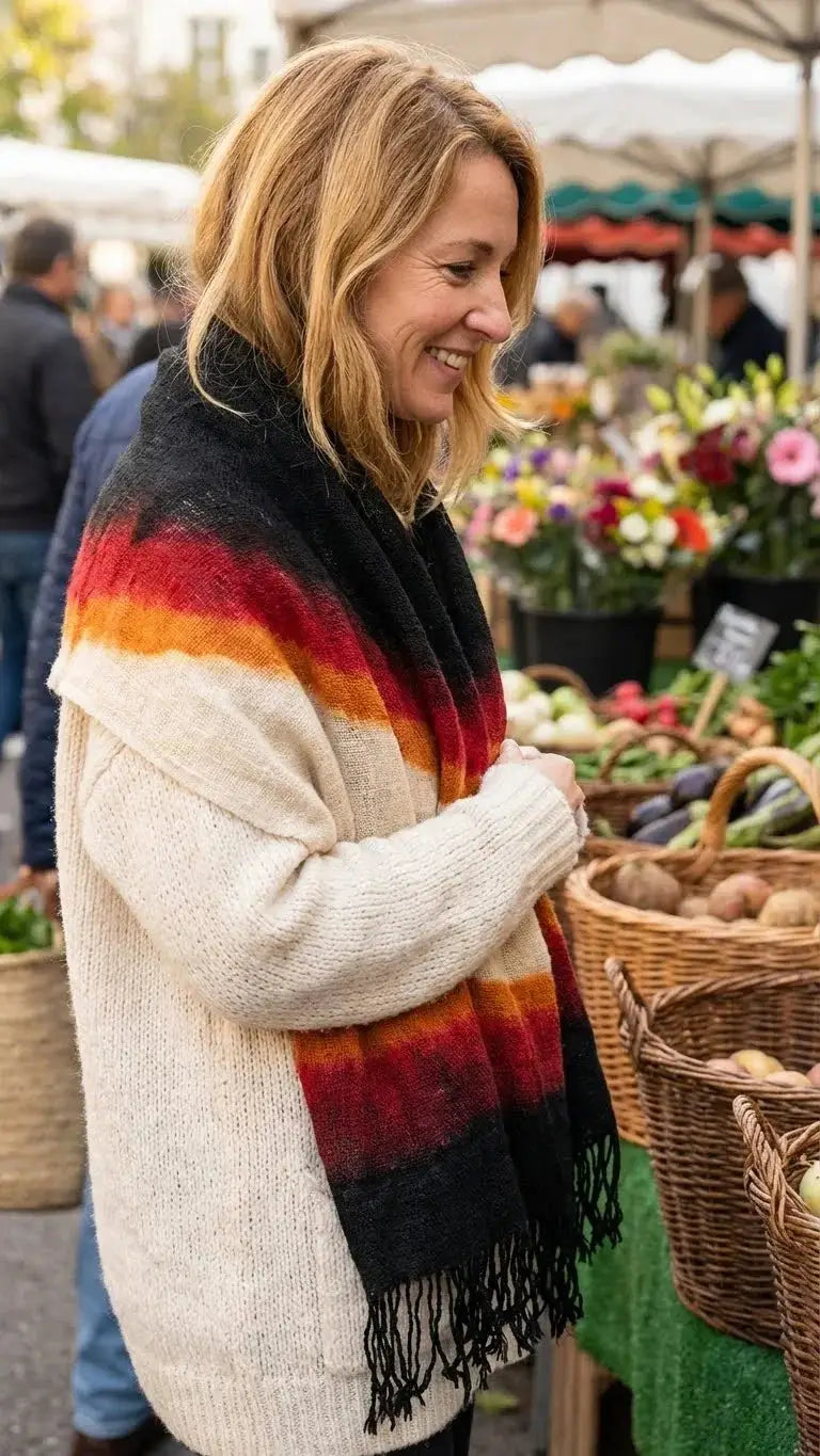 Femme souriante en pull beige et écharpe colorée au marché avec paniers de légumes et fleurs