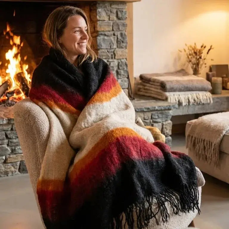 Femme souriante enveloppée d'une couverture rayée multicolore près d'une cheminée en pierre dans un salon cosy