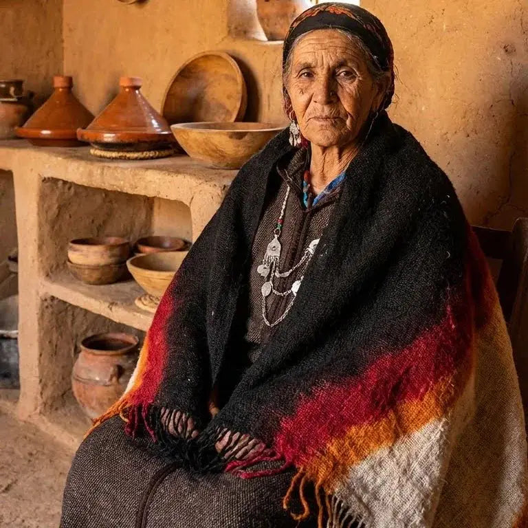 Femme berbère âgée en châle coloré assise devant des poteries traditionnelles en terre cuite