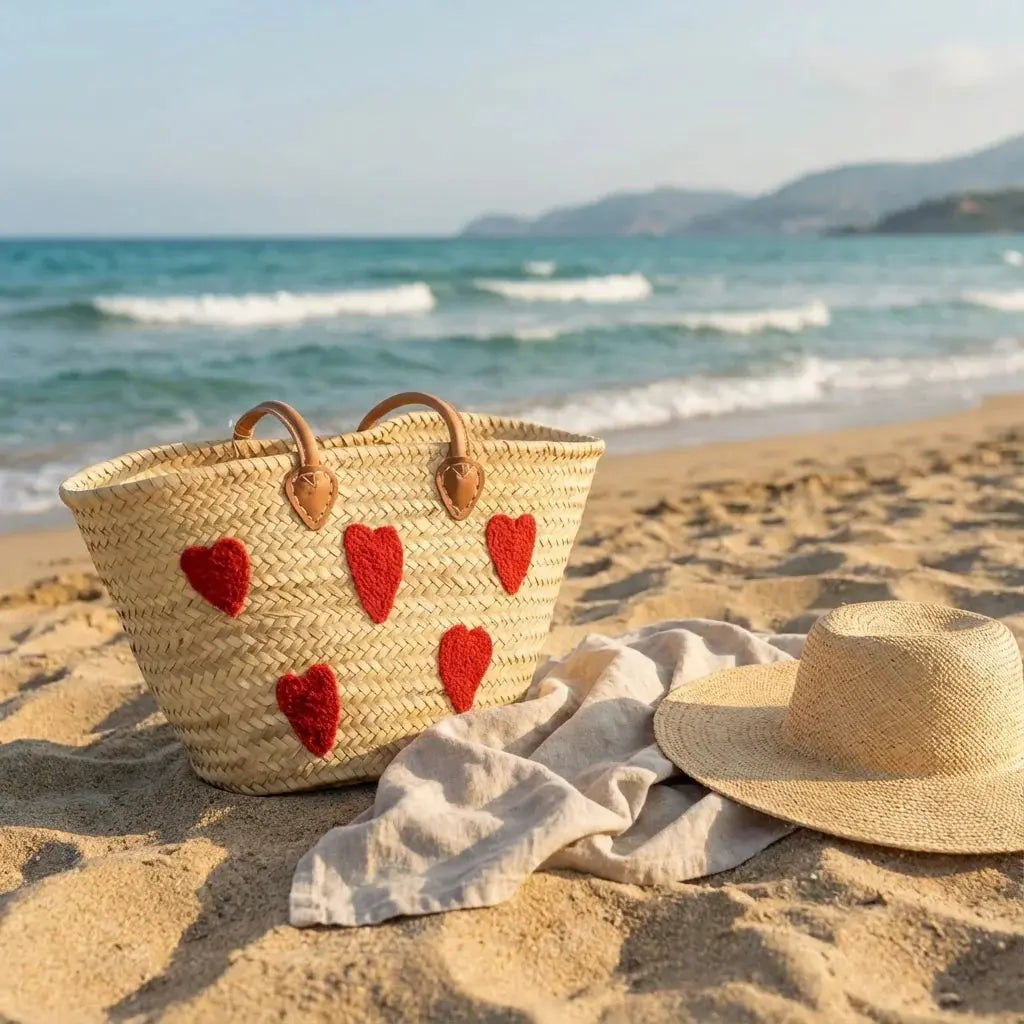 Woven beach bag with red hearts, straw hat, and towel on sandy beach with ocean waves