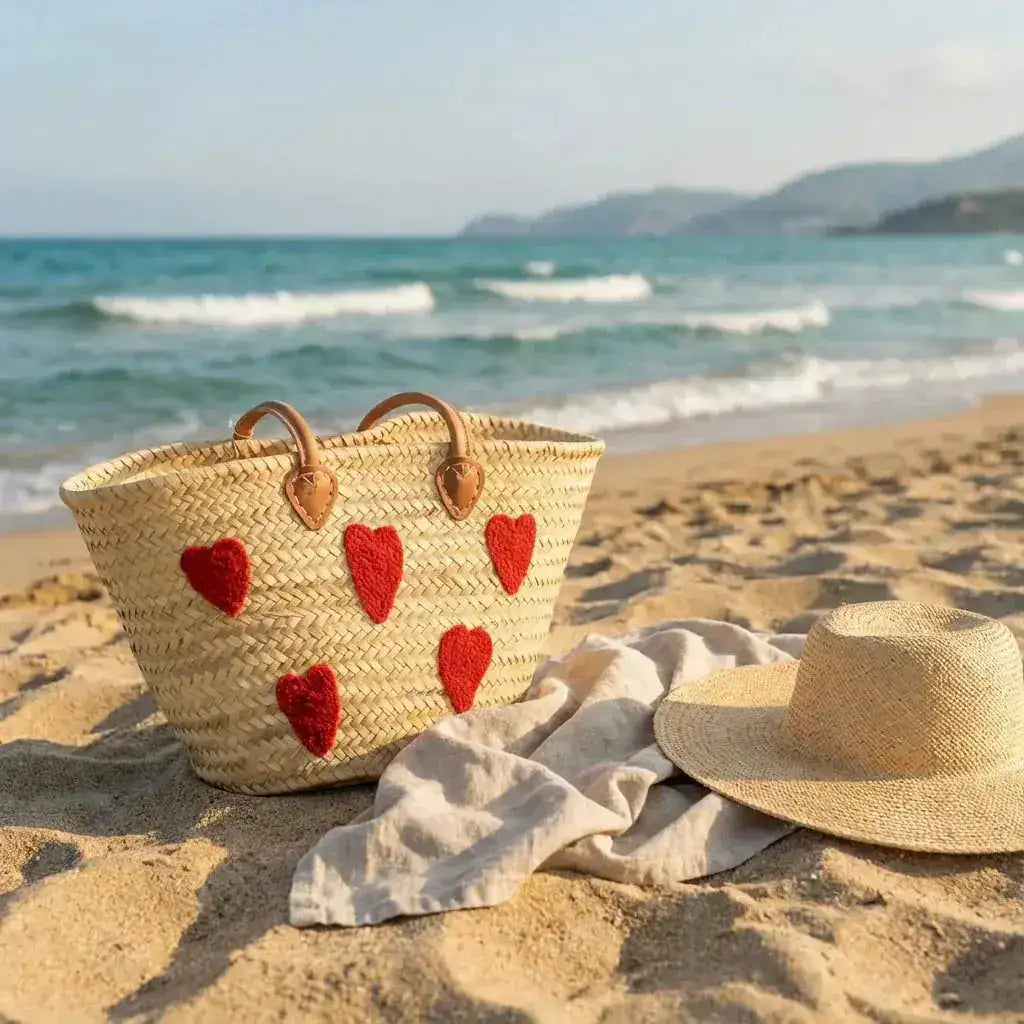 Woven beach bag with red hearts, straw hat, and towel on sandy beach with ocean waves