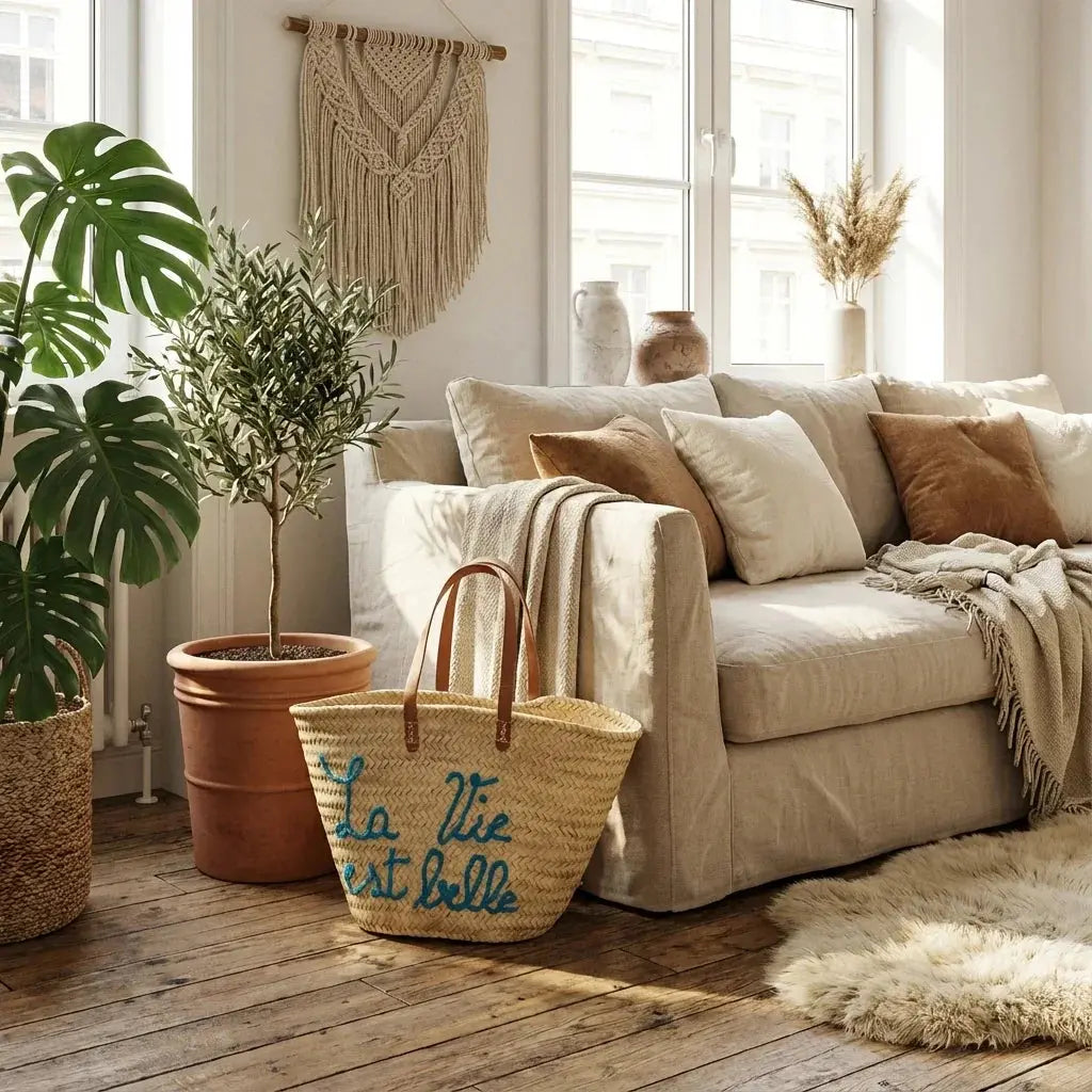 Cozy living room with beige sofa, decorative pillows, woven basket bag, green plants, macrame wall hanging, wooden floor