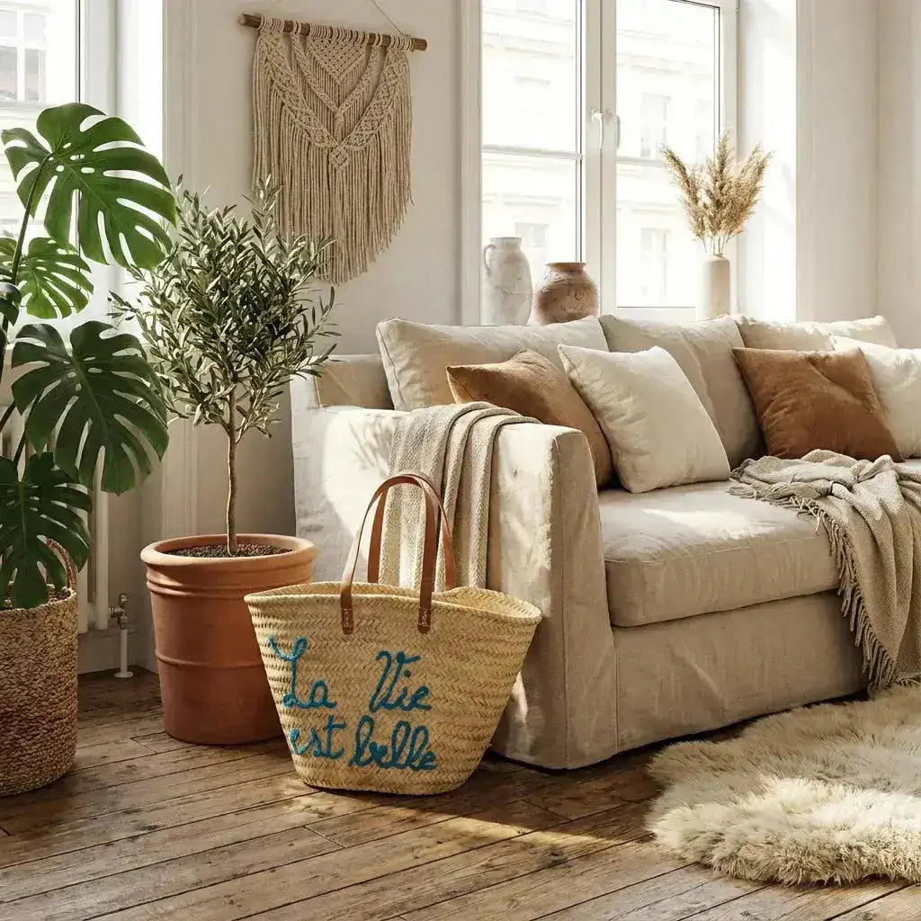 Cozy living room with beige sofa, decorative pillows, woven basket bag, green plants, macrame wall hanging, wooden floor