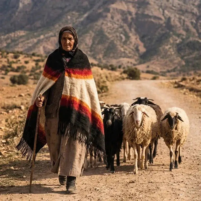 Vieille bergère vêtue d'un châle coloré guidant un troupeau de moutons sur chemin rural en montagne