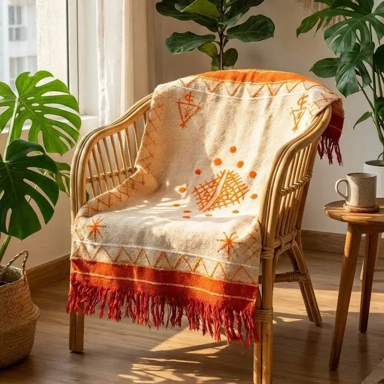 Wicker chair with orange and cream patterned fringed throw blanket in sunlit cozy room with plants and wooden floor