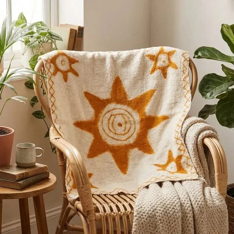 Plaid beige et orange à motif soleil sur fauteuil en rotin dans un salon avec plantes vertes