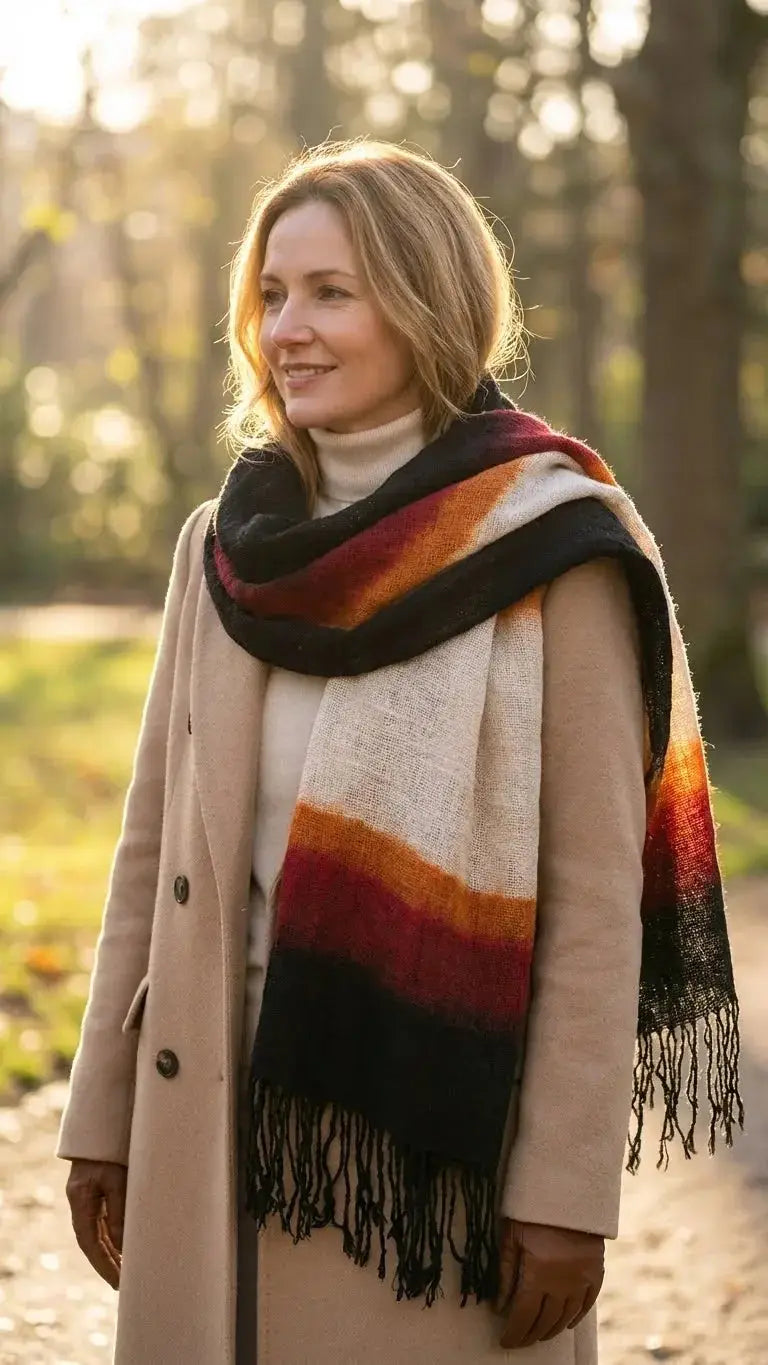 Femme souriante en manteau beige et écharpe multicolore chaude dans un parc en automne